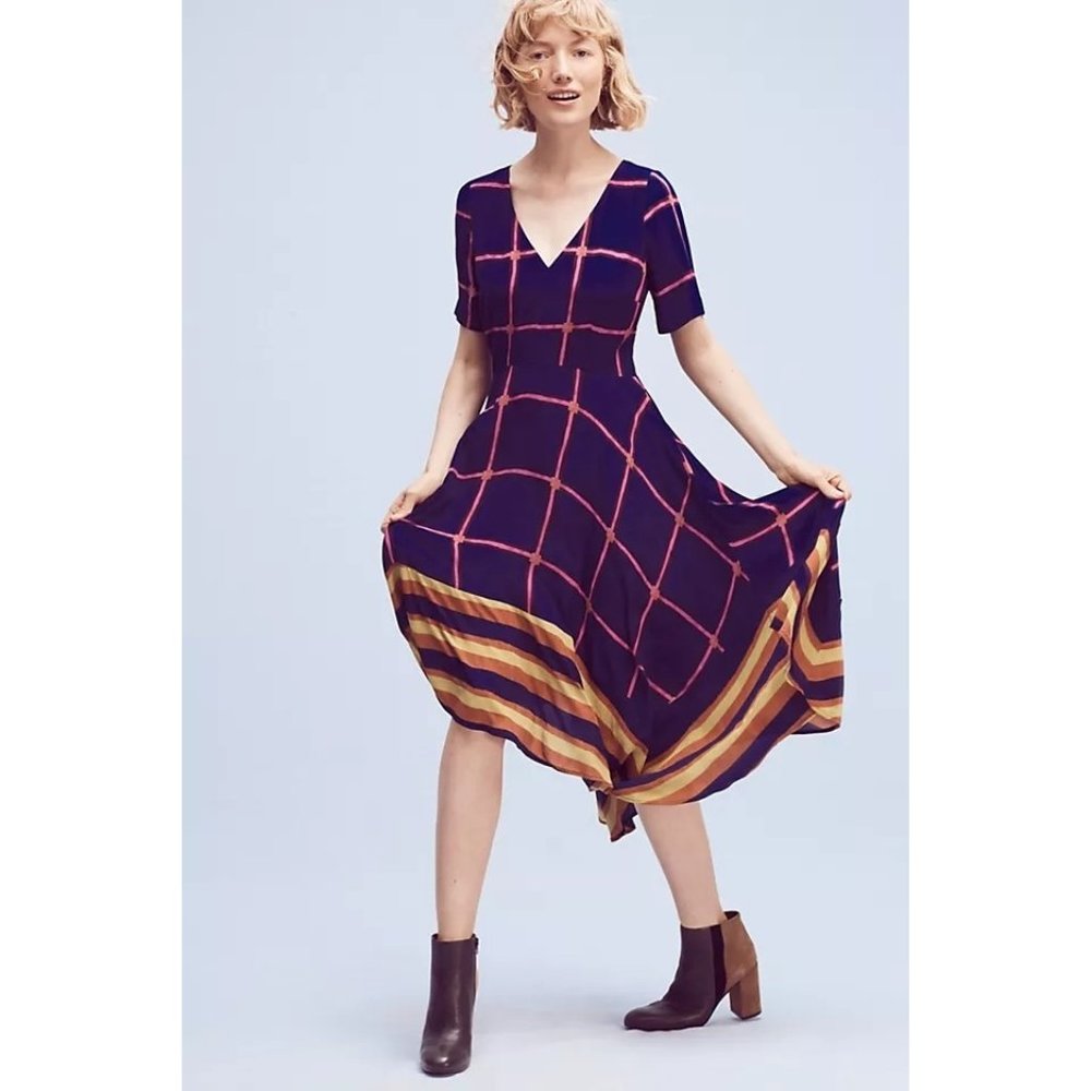 HD in Paris Anthropologie Womens Striped Pane Midi Dress 4 Navy Blue Fit & Flare